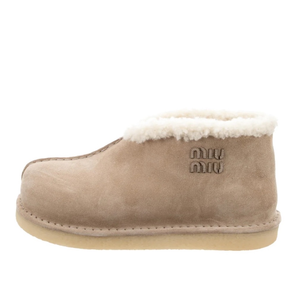 Miu Miu Beige Suede Shearling Ankle Slipper